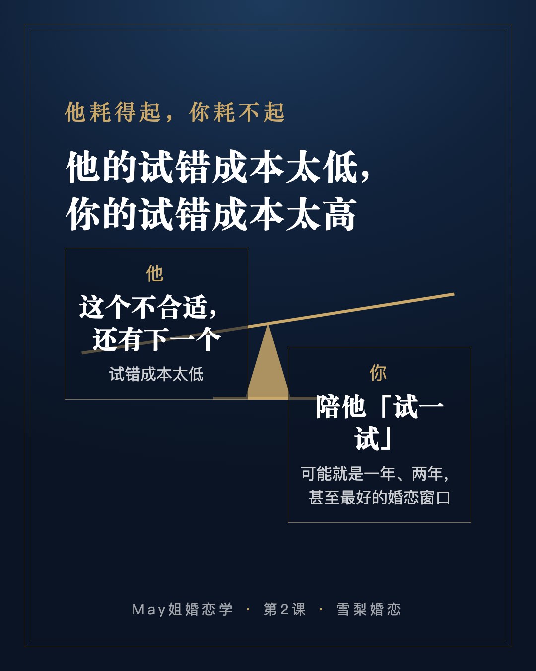 他耗得起,你耗不起:他的试错成本太低——这个不合适,还有下一个;你的试错成本太高——陪他「试一试」,可能就是一年、两年,甚至最好的婚恋窗口。